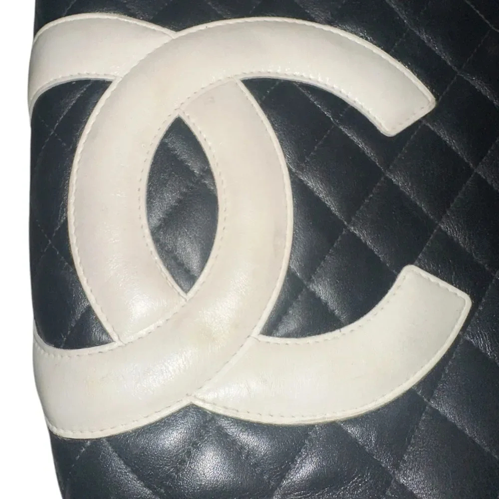 CHANEL Cambon Black and Cream Quilted Tote with pink interior